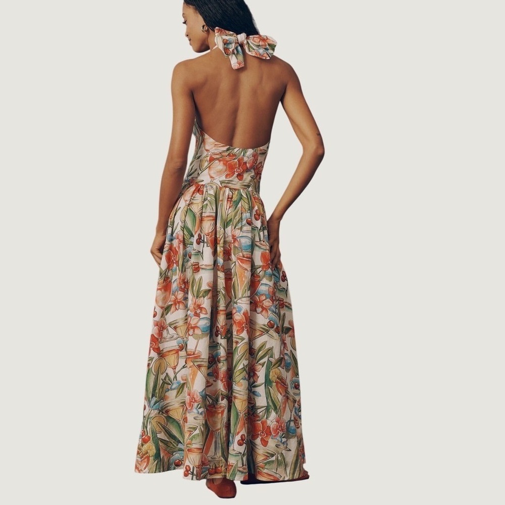 Farm Rio Cocktail Off Maxi Dress XL Tropical Floral Linen Blend Halter White - Picture 2 of 9